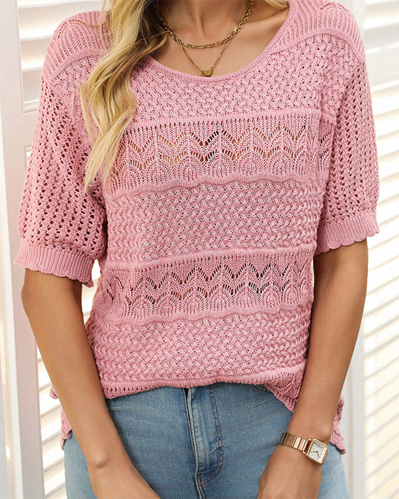 Women's Round Neck Hollow Knit Crochet Short Sleeve Sweater