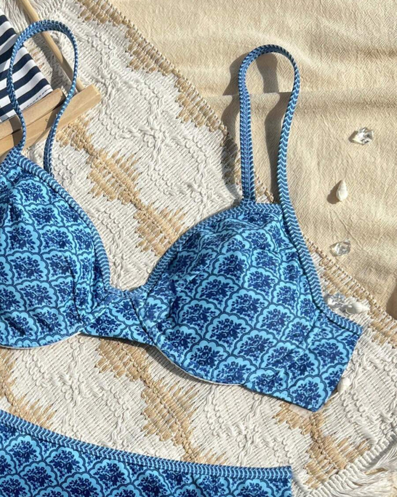 Sexy Suspender Triangle Print Bikini