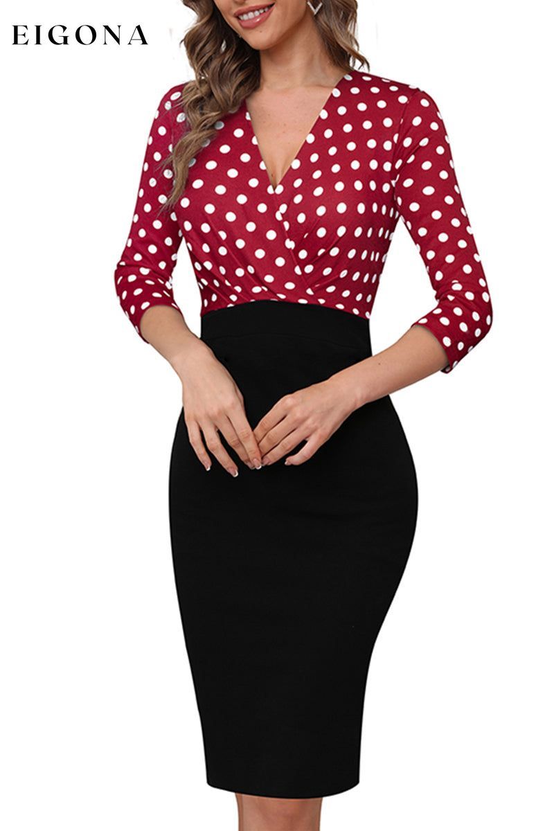 Surplice Neck Polka Dot Pencil Dress Black A&Y.S clothes Ship From Overseas Shipping Delay 09/29/2023 - 10/01/2023 trend