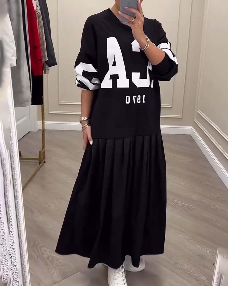 Lettering Casual Sweatshirt Pleated Patchwork Dress 2024 f/w casual dresses