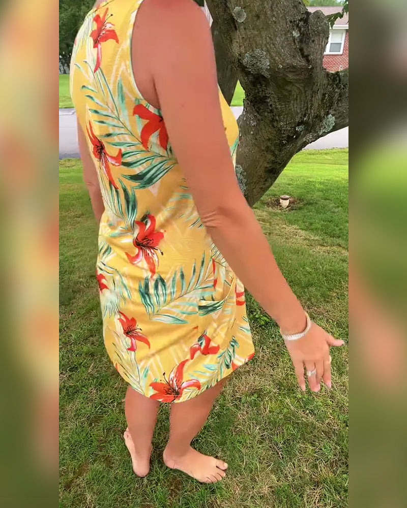 Abito dritto floreale senza maniche con scollo a V