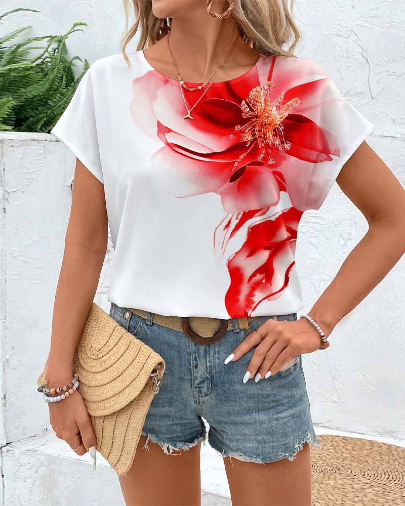 Round Neck Printed Short Sleeve Casual Blouse