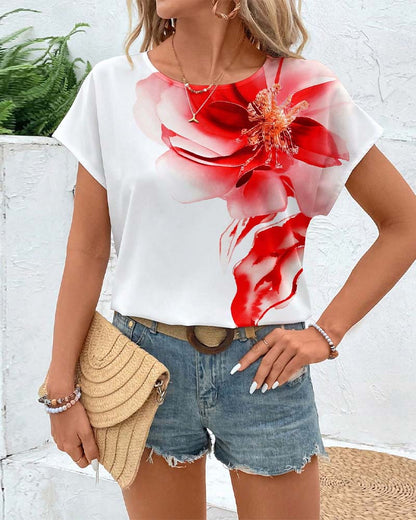 Round Neck Printed Short Sleeve Casual Blouse