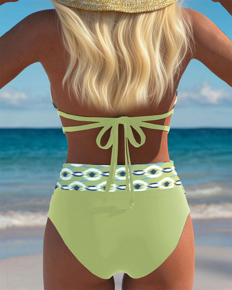 Sexy Deep V Split Print Bikini