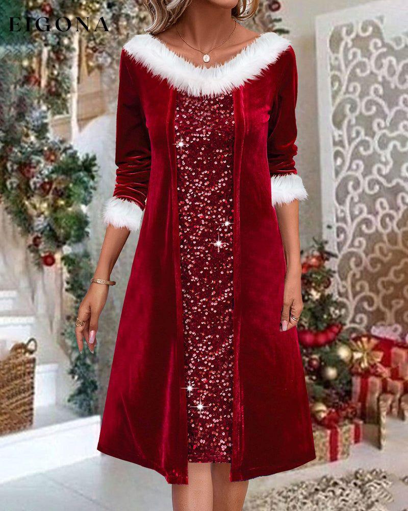 Elegant V-Neck Fur Collar Dress Burgundy 2022 f/w 23BF Clothes Dresses Evening Dresses party dresses