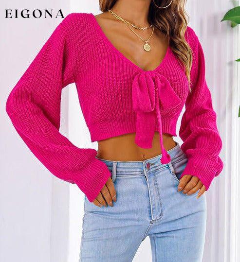 Bow V-Neck Long Sleeve Cropped Sweater Deep Rose clothes crop top crop tops croptop long sleeve shirt long sleeve shirts long sleeve top long sleeve tops M.Y.C Ship From Overseas shirt shirts Sweater sweaters top tops