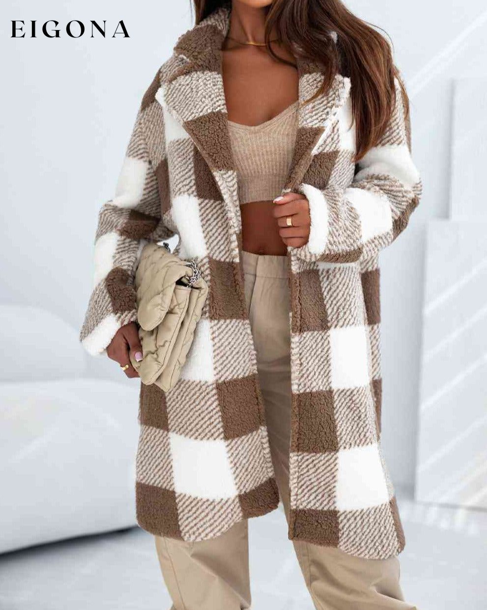 Plaid Collared Neck Longline Coat clothes Ship From Overseas SYNZ