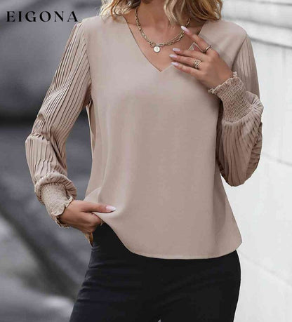 Pleated Lantern Sleeve V-Neck Long Sleeve Blouse clothes Hundredth long sleeve long sleeve shirt long sleeve shirts long sleeve top Ship From Overseas shirt shirts