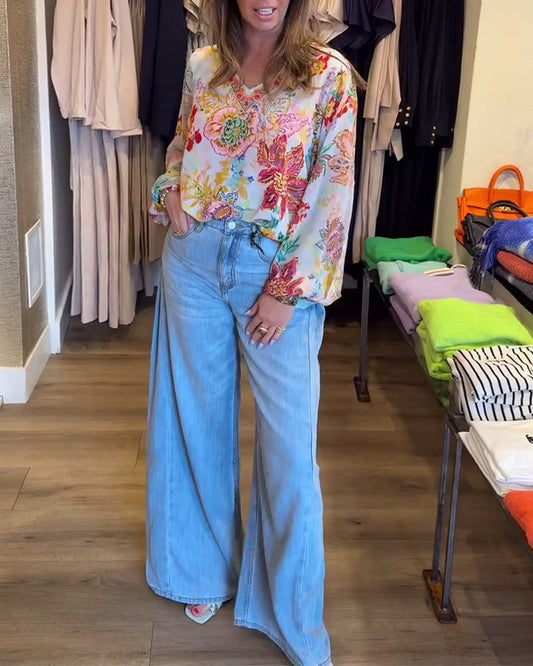 V-Neck Floral Colorful Print Blouse