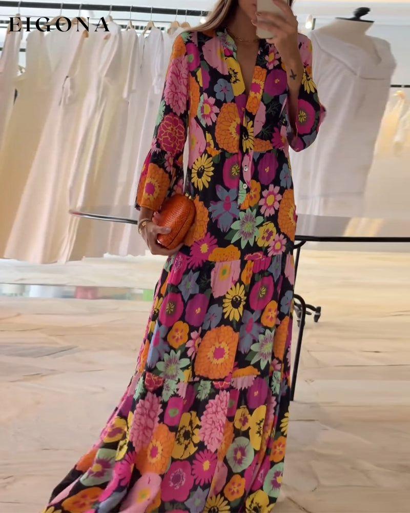 Floral print button V-neck long dress casual dresses spring summer vacation dresses