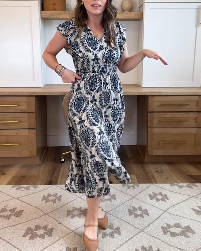 Cashew Flower V-Neck Waisted A-Line Dress