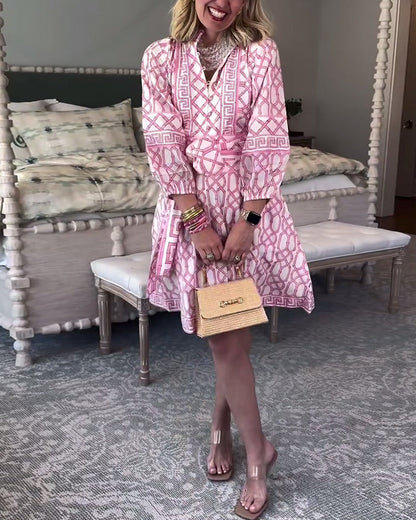 Lantern Sleeves Stand Collar Printed Loose Dress