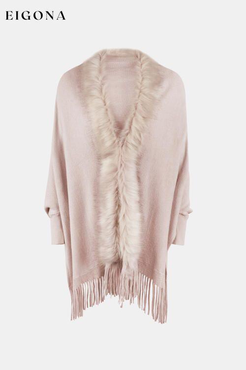Fringe Open Front Long Sleeve Poncho Blush Pink One Size clothes Drizzle Ship From Overseas sweaters