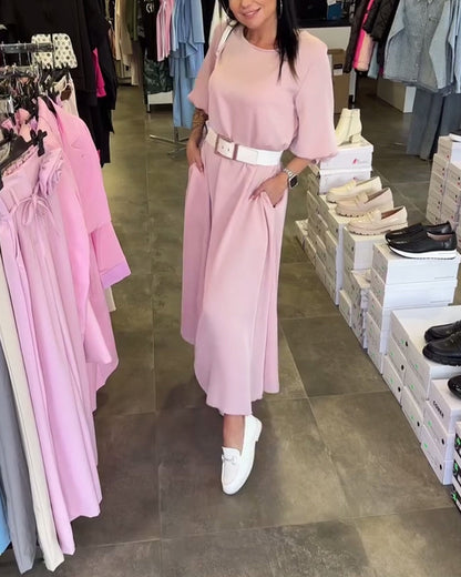 Solid Color Lantern Sleeve Dress