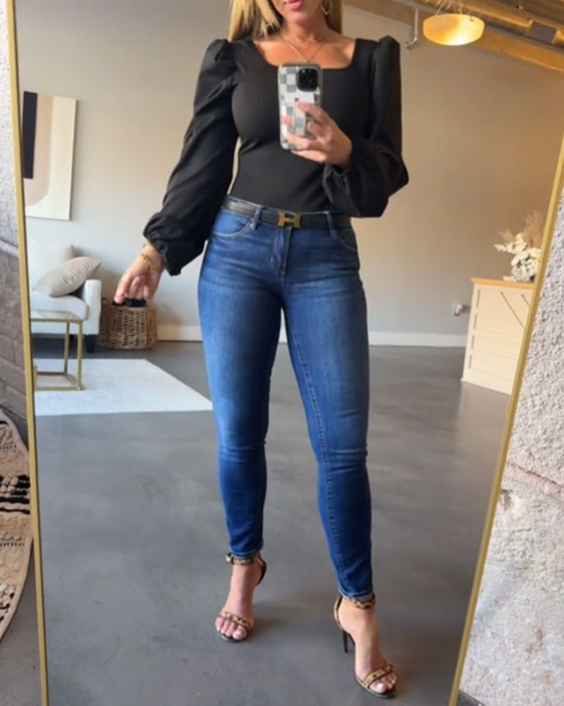 Puff Sleeve Square Collar Splicing Blouse