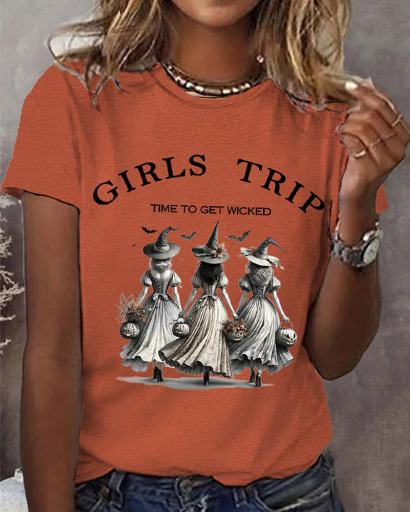 Women's Funny Halloween Witches Girls Trip Time To Get Wicked Casual T-shirt 2024 f/w halloween spring summer t-shirts