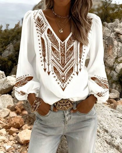 Puffed Sleeve V-Neck Loose Blouse