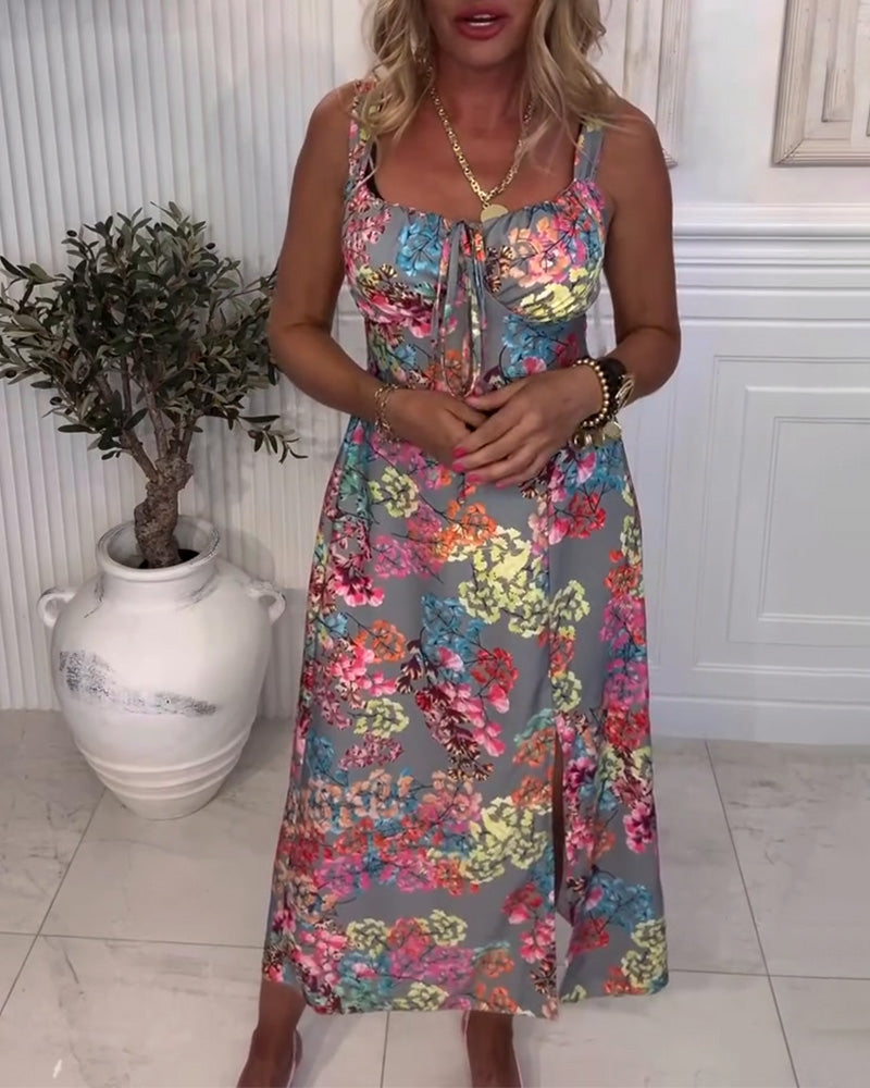 Floral Print Slit Slip Dress