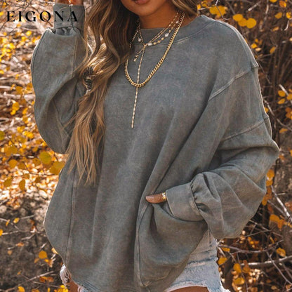 Gray Exposed Seam Twist Open Back Oversized Sweatshirt All In Stock Best Sellers clothes Craft Patchwork Craft Washed Early Fall Collection long sleeve shirts long sleeve top Occasion Daily Print Solid Color Season Winter Style Casual Sweater sweaters Sweatshirt