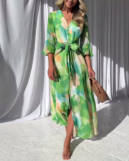 Elegant printed dress with bell sleeves and button slit casual dresses spring summer vacation dresses