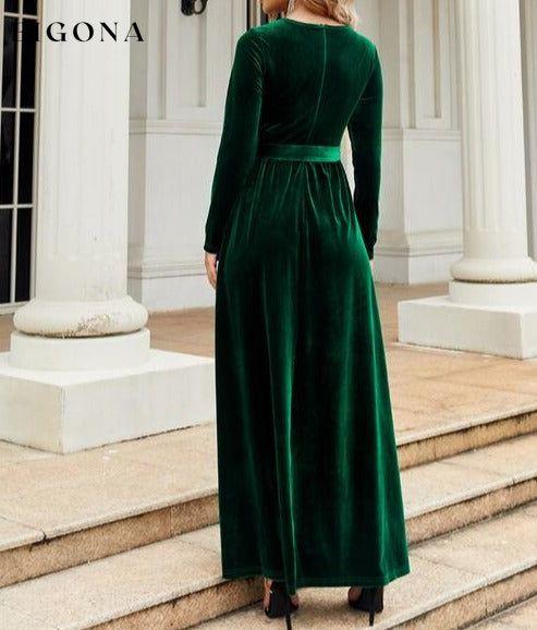 Tie Front Round Neck Long Sleeve Maxi Dress A@Y@Y clothes Ship From Overseas