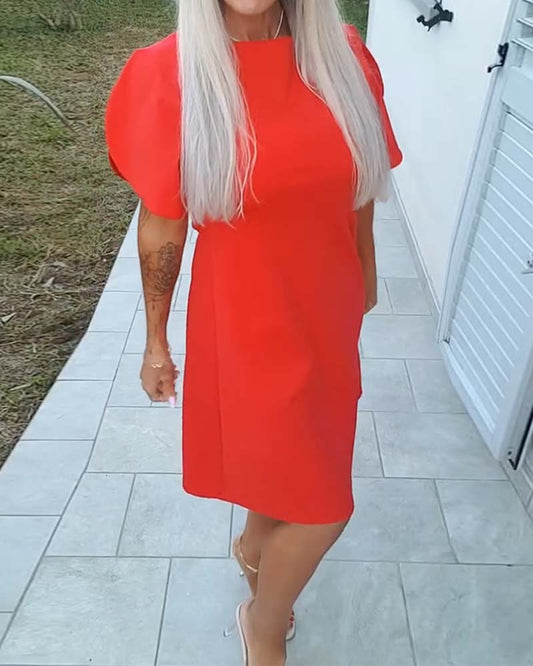 Solid-Color Puff-Sleeve A-Line Dress