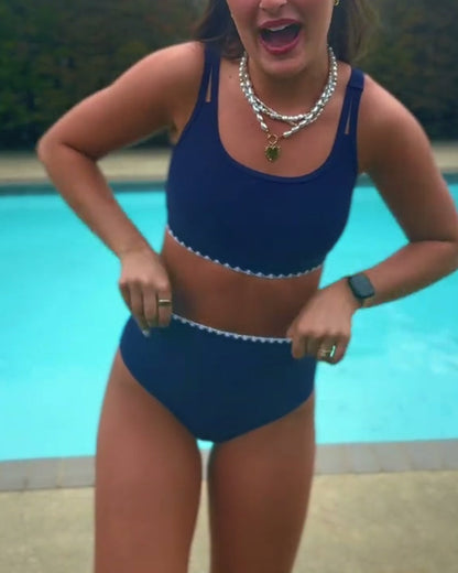 Wave-Patterned High-Waisted Contrasting Color Bikini