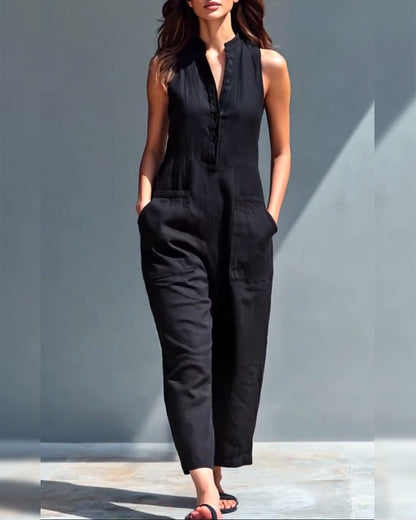 Sleeveless Stand-Up Collar Wide-Leg Jumpsuit