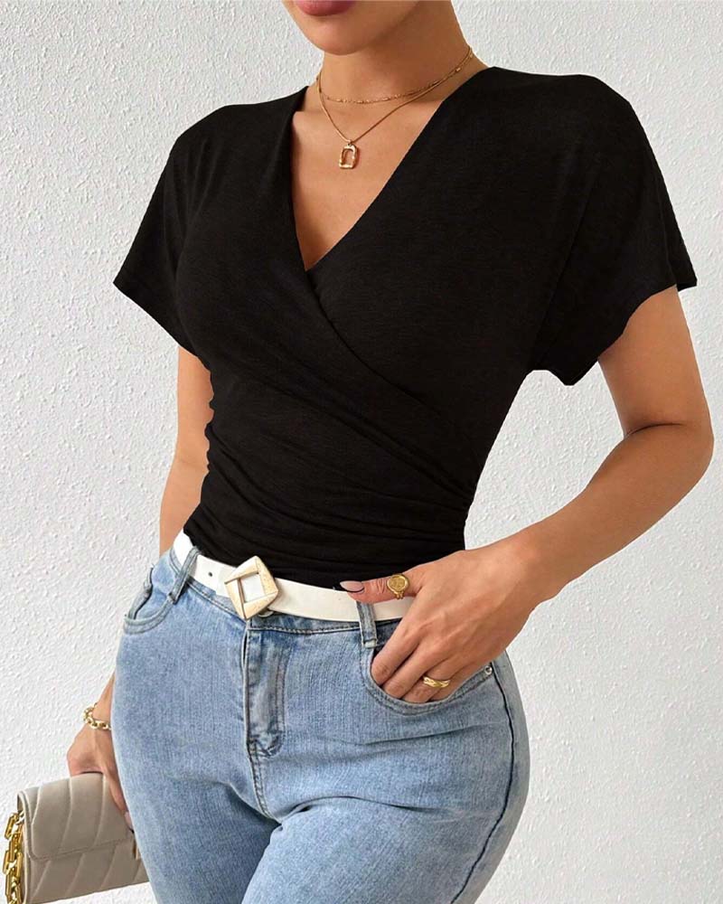 V-Neck All-Match Pleated Blouse