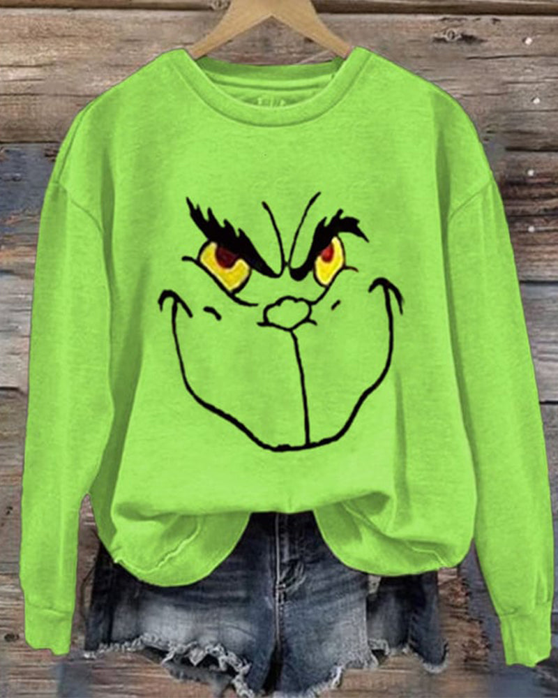 Women's Christmas Green Face Printed Sweatshirt