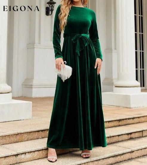 Tie Front Round Neck Long Sleeve Maxi Dress A@Y@Y clothes Ship From Overseas