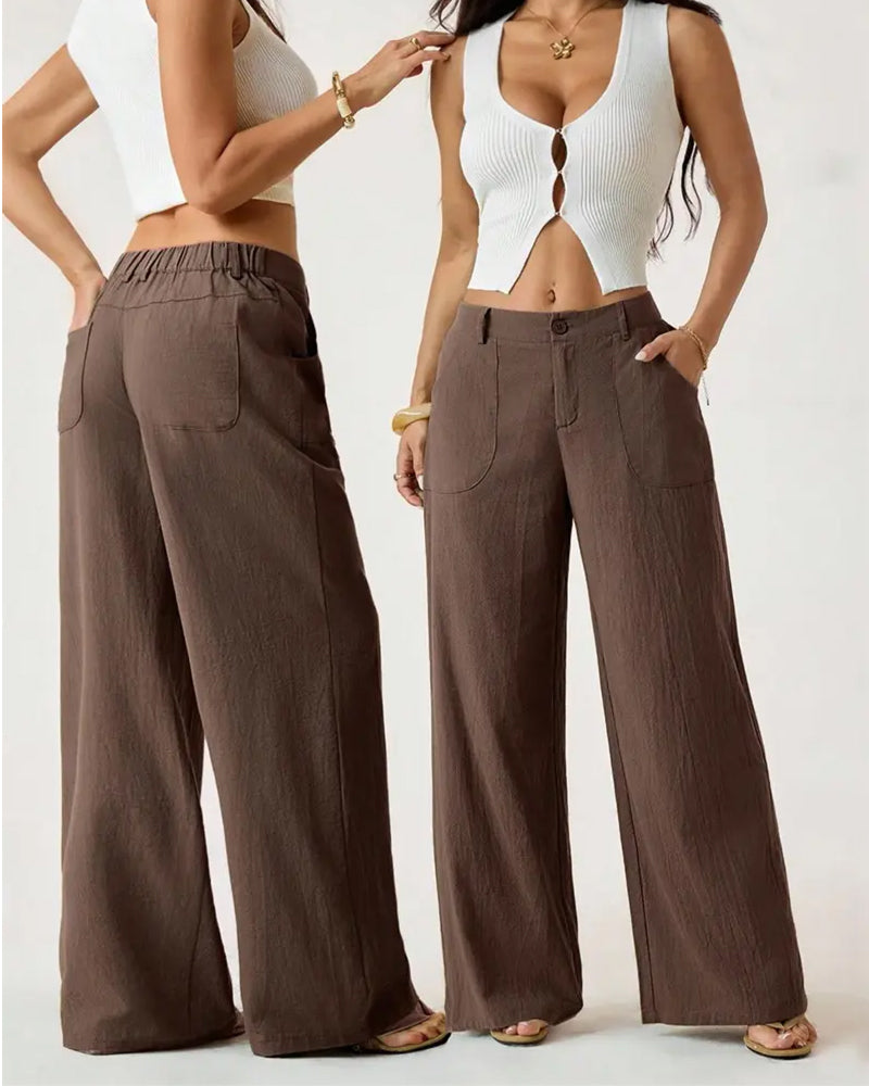 Elastic Waist Pocket Casual Wide Leg Pants