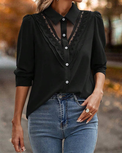 Puff Sleeve Lace Patchwork Blouse