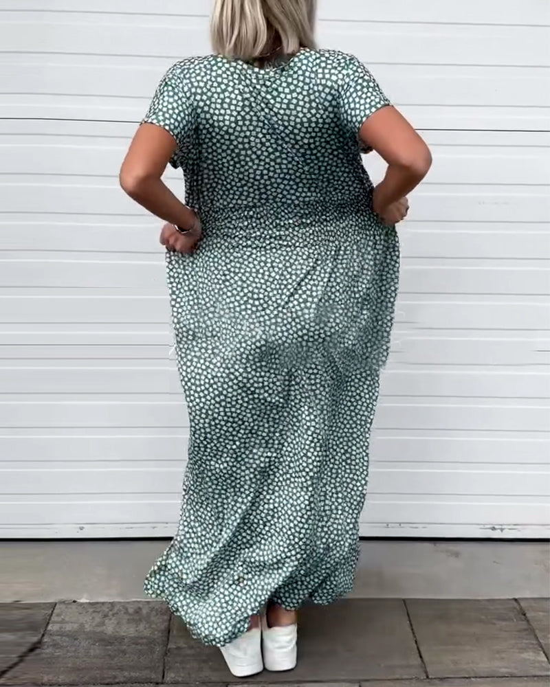 V-Neck Printed Waist Short-Sleeved Dress