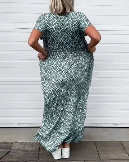 V-Neck Printed Waist Short-Sleeved Dress