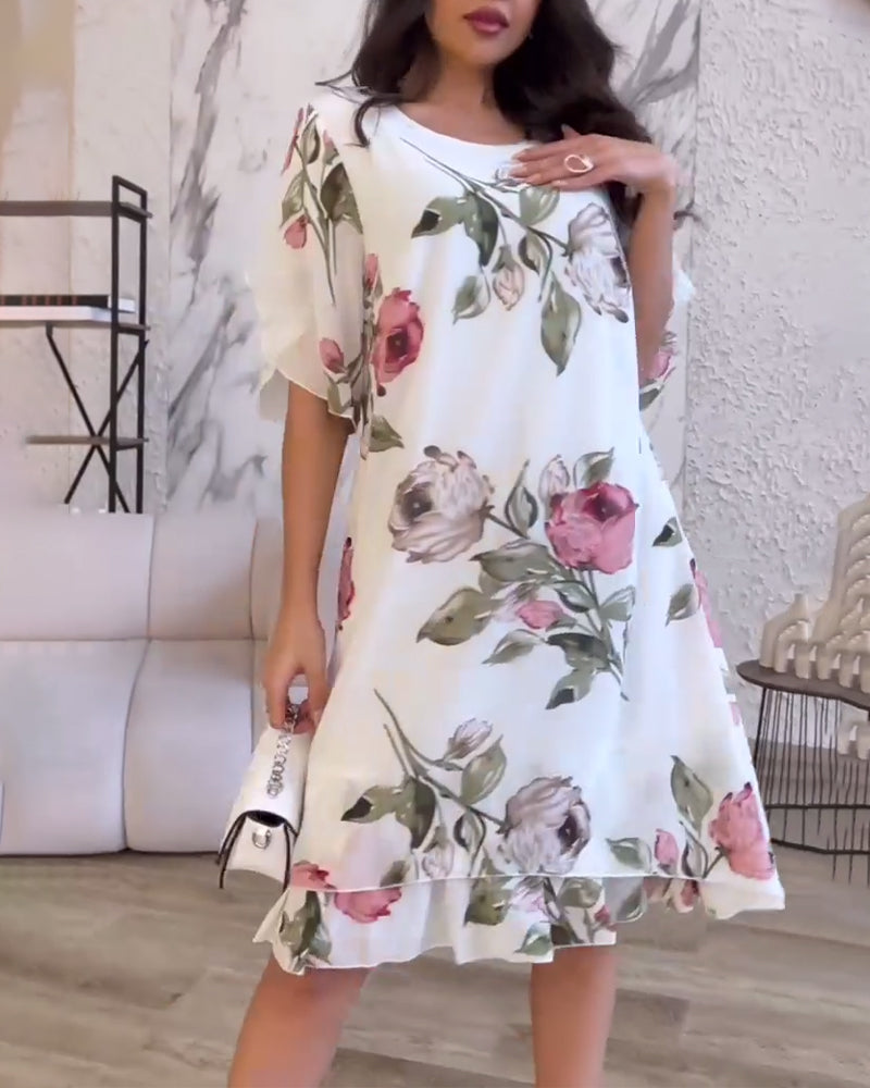 Elegant Floral Print Knee-Length Round Neck Dress