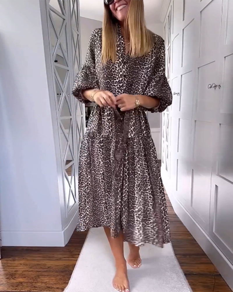 Stylish leopard print bell sleeve patchwork dress 2024 f/w casual dresses