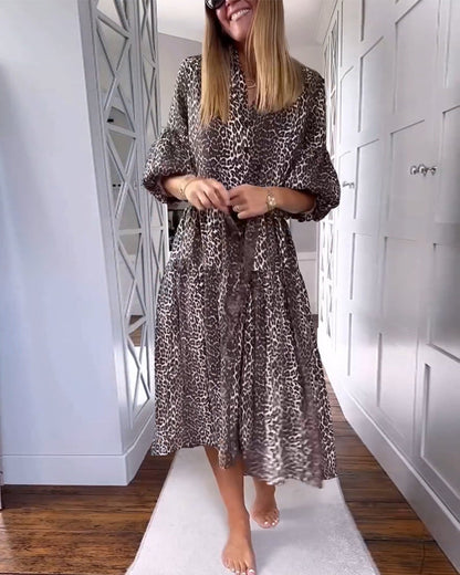 Stylish leopard print bell sleeve patchwork dress 2024 f/w casual dresses