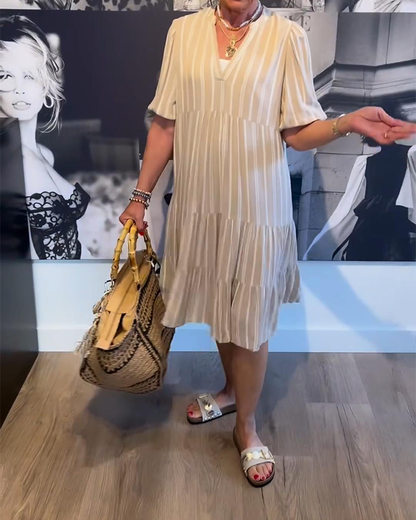 V-Neck Pleated Striped Dress