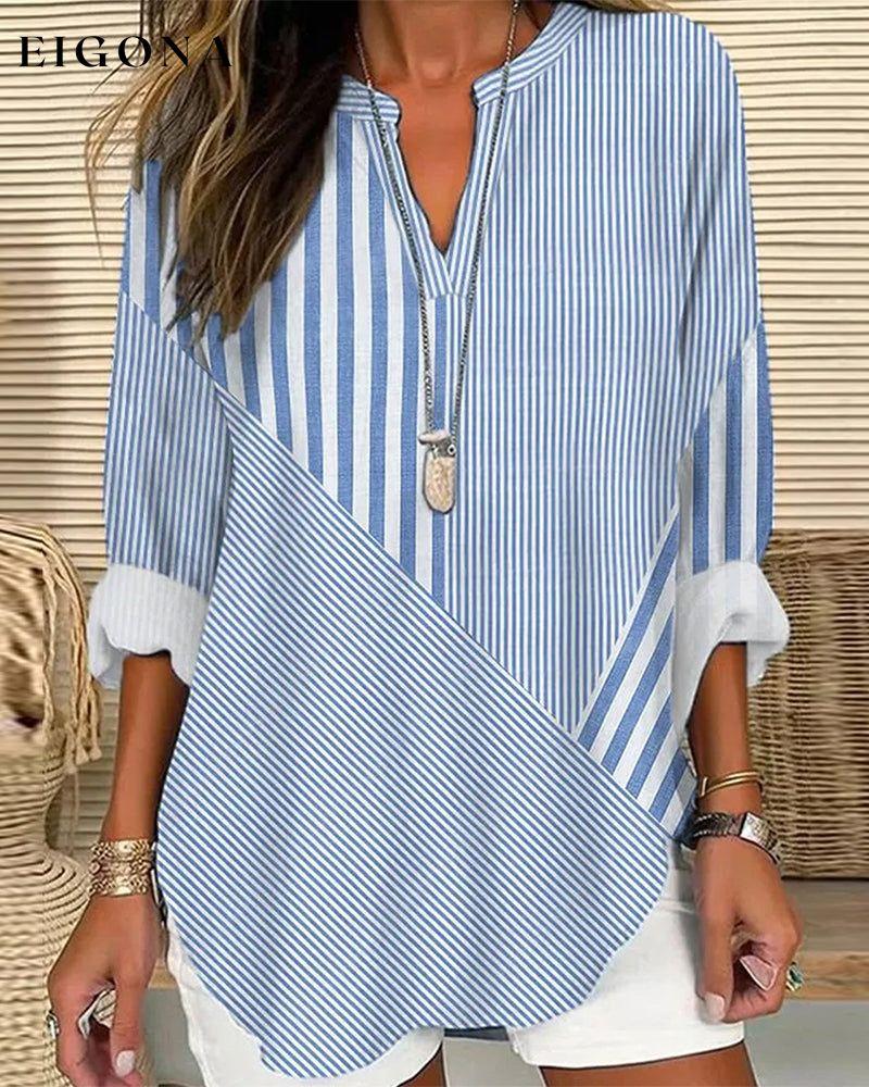 Striped print V-neck casual top blouses & shirts spring summer