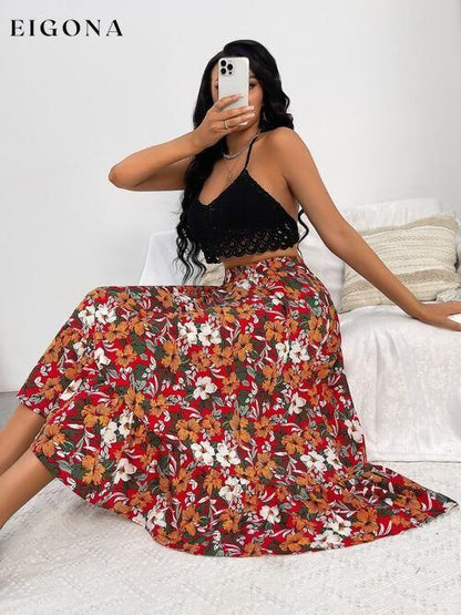 Printed Ruffle Hem Midi Skirt Deep Red bottoms clothes midi skirts Ship From Overseas skirt skirts Women's Bottoms Y@X@N@H