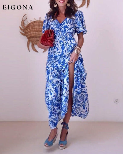 Fresh printed slim fit slit dress casual dresses summer