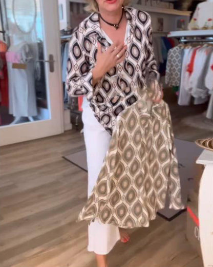 Long-Sleeved Diamond Print Blouse