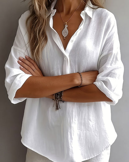 Solid Color Lapel Half-Placket Long Sleeve Blouse