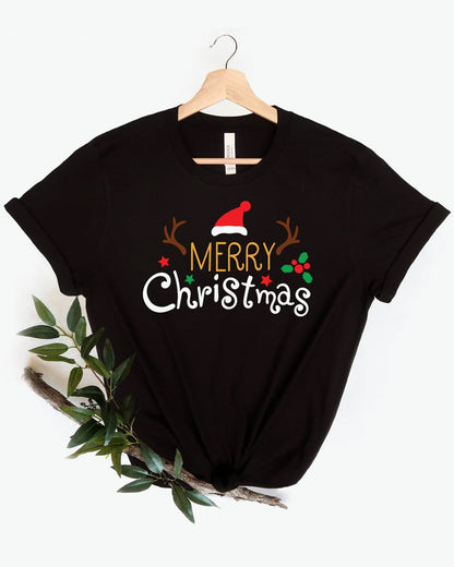 Merry Christmas letter print crew neck T-shirt 2024 f/w christmas spring summer t-shirts