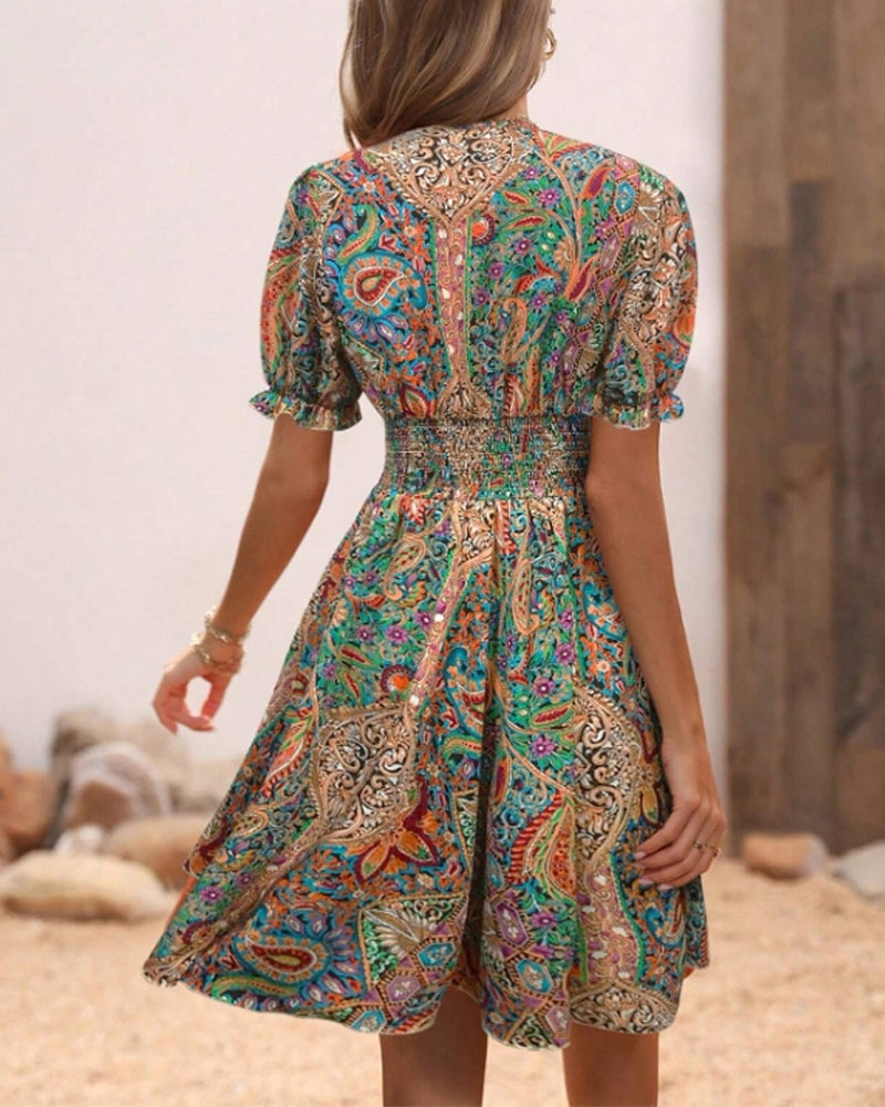 V-neck waist printed elegant dress casual dresses summer