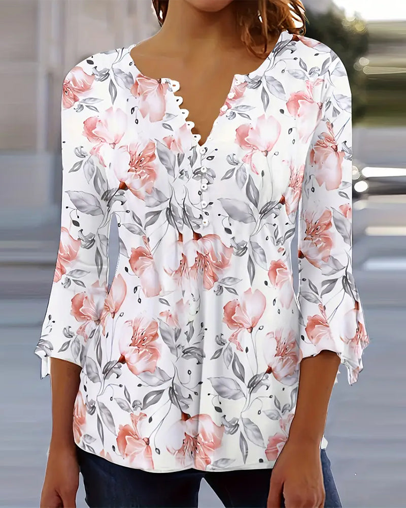 Flare Sleeve Printed Ruffle Blouse