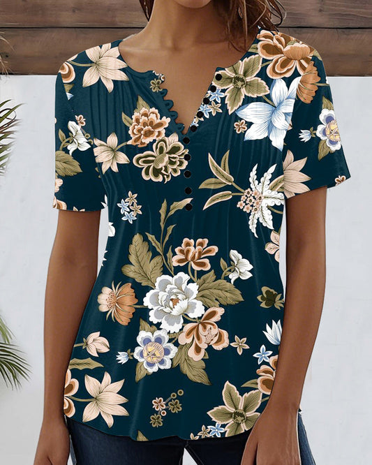 Blusa colorblock con stampa floreale e scollo a V