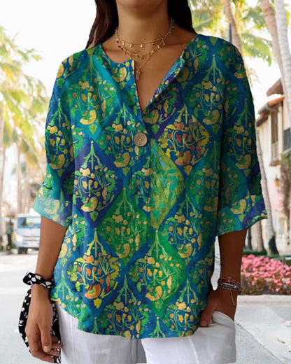 Vintage printed V-neck three-quarter sleeve blouse 202466 blouses & shirts spring summer