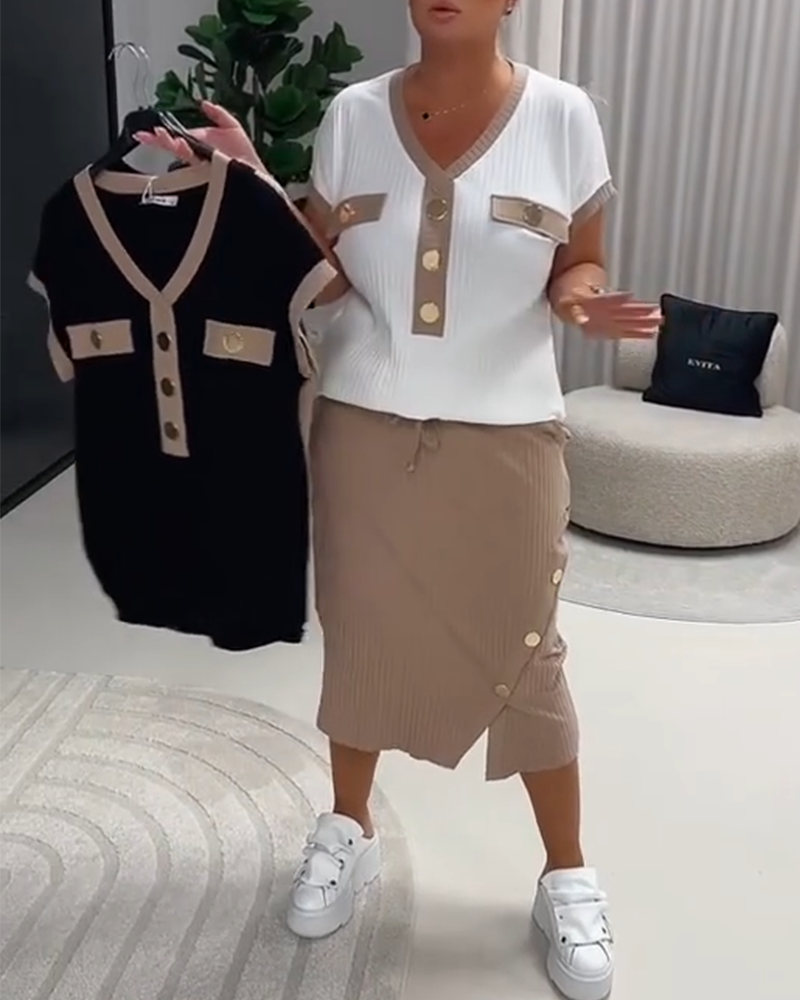 V-Neck Fashion Ribbed Button T-Shirt